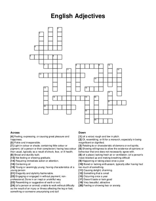 English Adjectives Crossword Puzzle