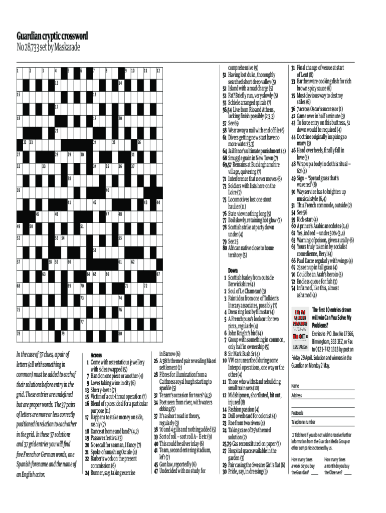 Fillable Online Guardian Cryptic Crossword No 28 733 Set By Maskarade 