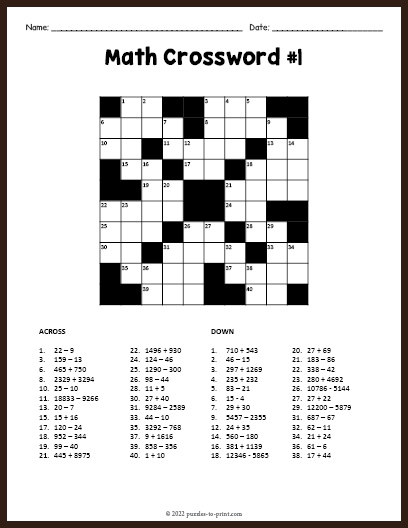 Free Crossword Puzzles Math