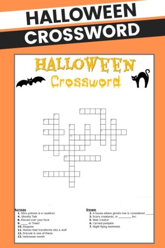 Halloween Crossword Printable With Or Without Word Bank 
