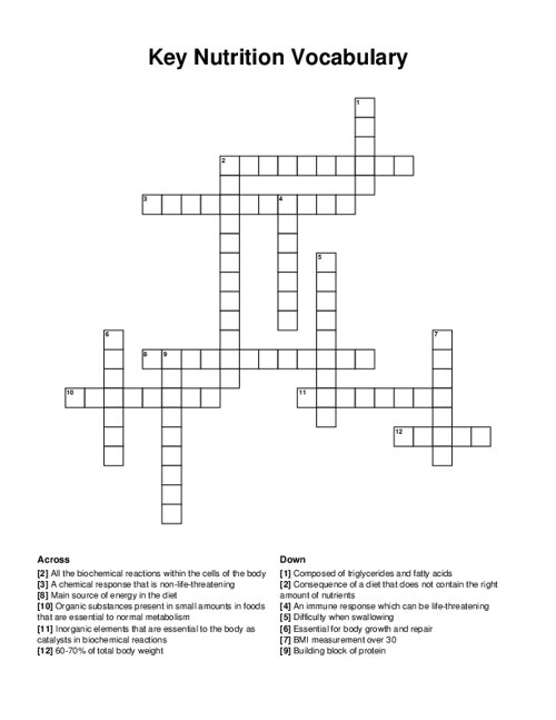 Key Nutrition Vocabulary Crossword Puzzle
