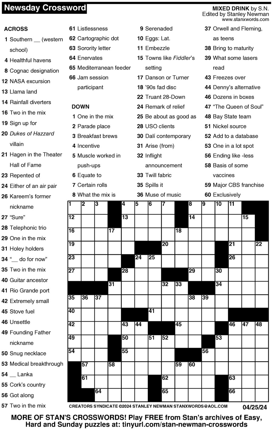 Newsday Crossword Free Printable Crosswords