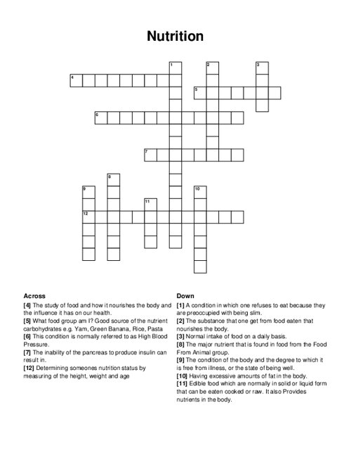 Nutrition Crossword Puzzle