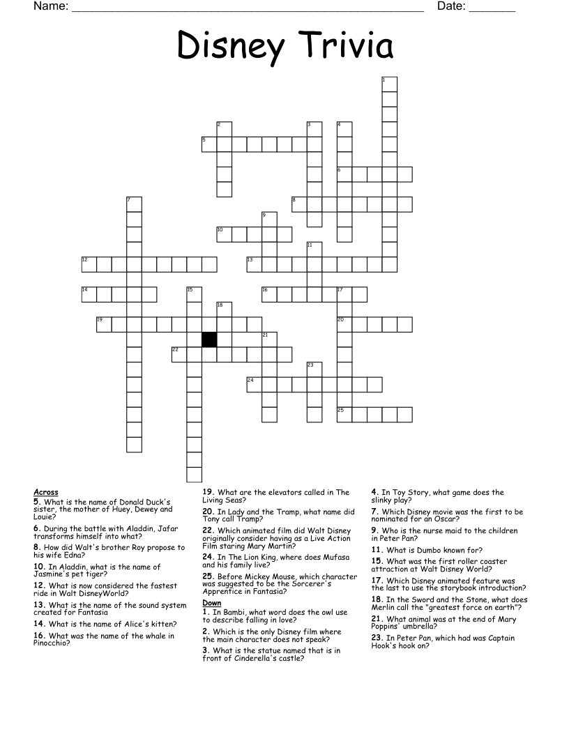 Printable Disney Crossword Puzzles