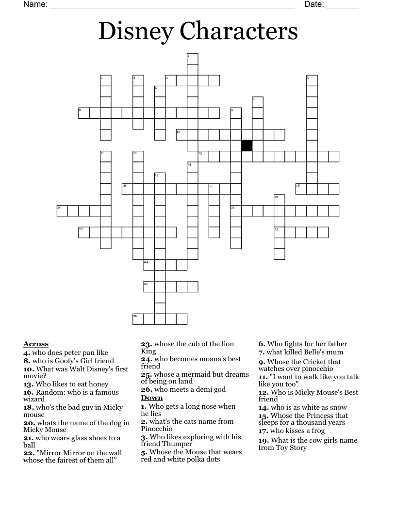 Printable Disney Crossword Puzzles