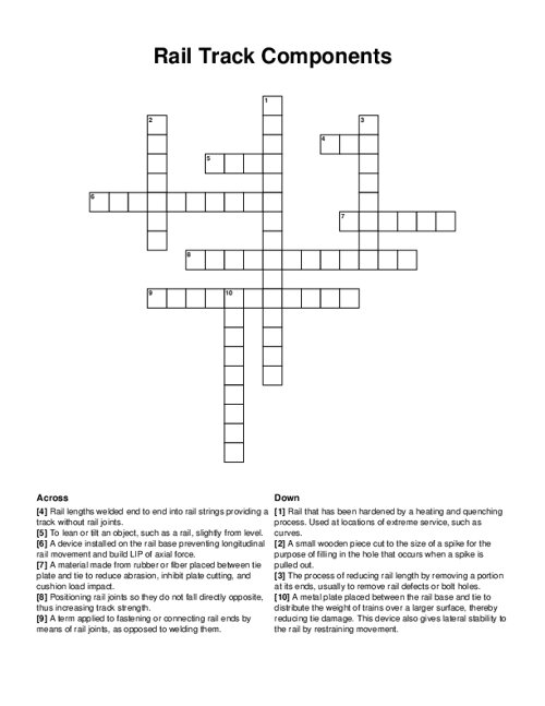 Rail Track Components Crossword Puzzle