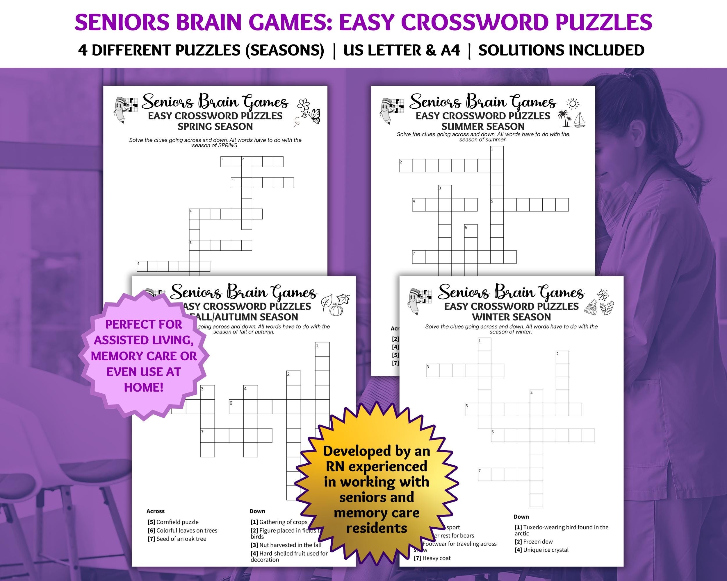 Seniors Easy Crossword Puzzles Puzzles For Seniors Dementia Activities Memory Care Games Brain Games Dementia Games Seasons Etsy