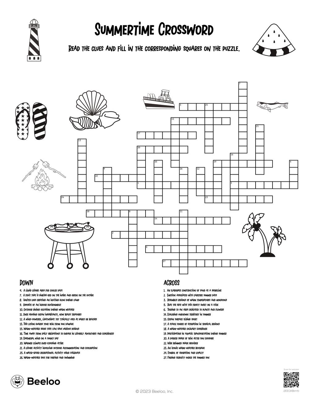 Summer themed Crossword Puzzles Beeloo Printable Crafts And