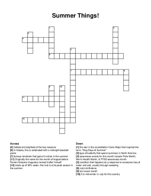 Summer Things Crossword Puzzle