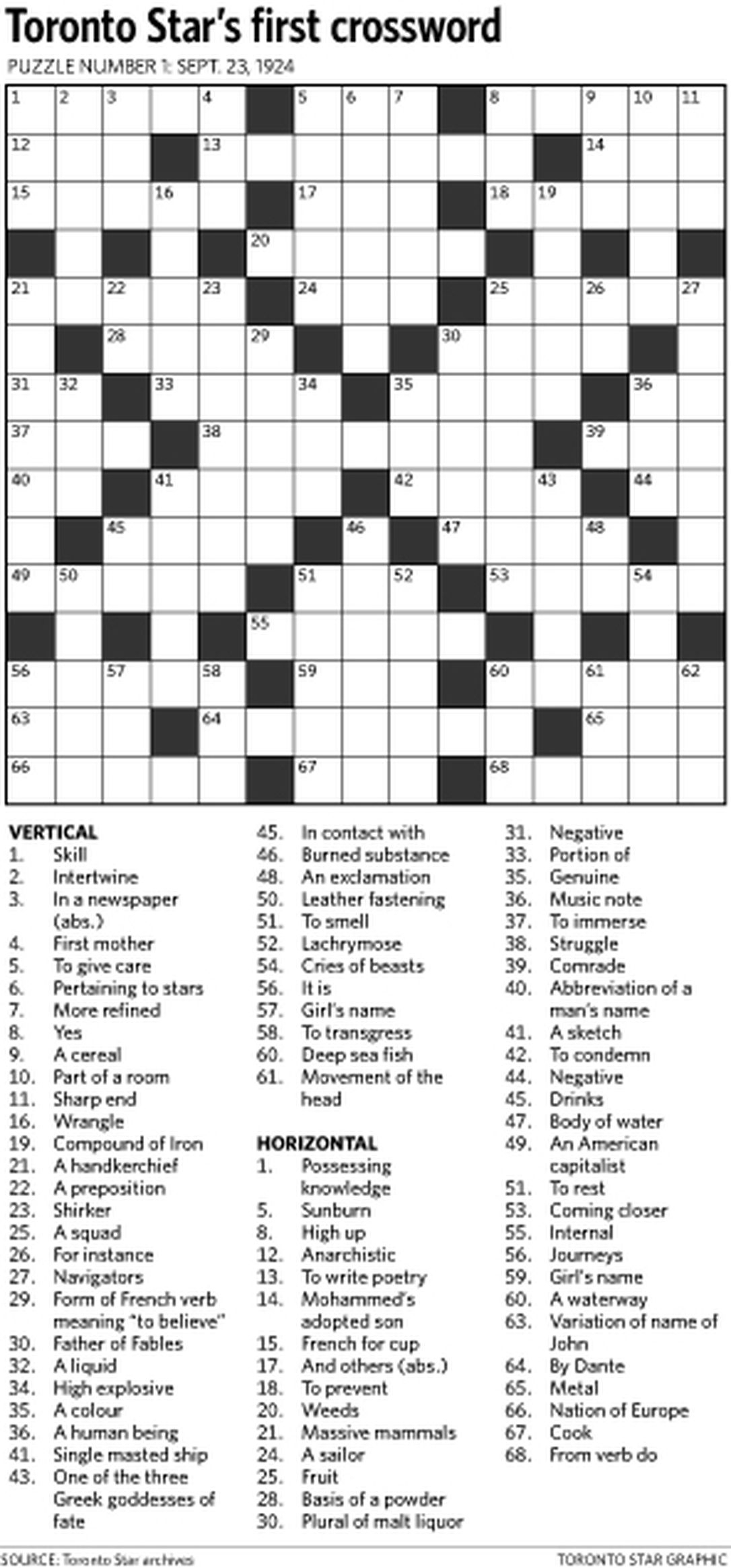 Toronto Star Daily Crossword Free Printable Crosswords