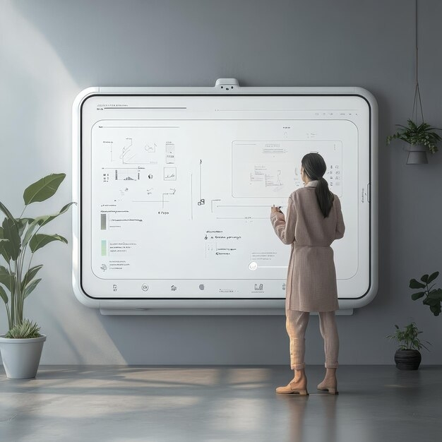 Woman In Casual Clothes Standing In Front Of Interactive Whiteboard 
