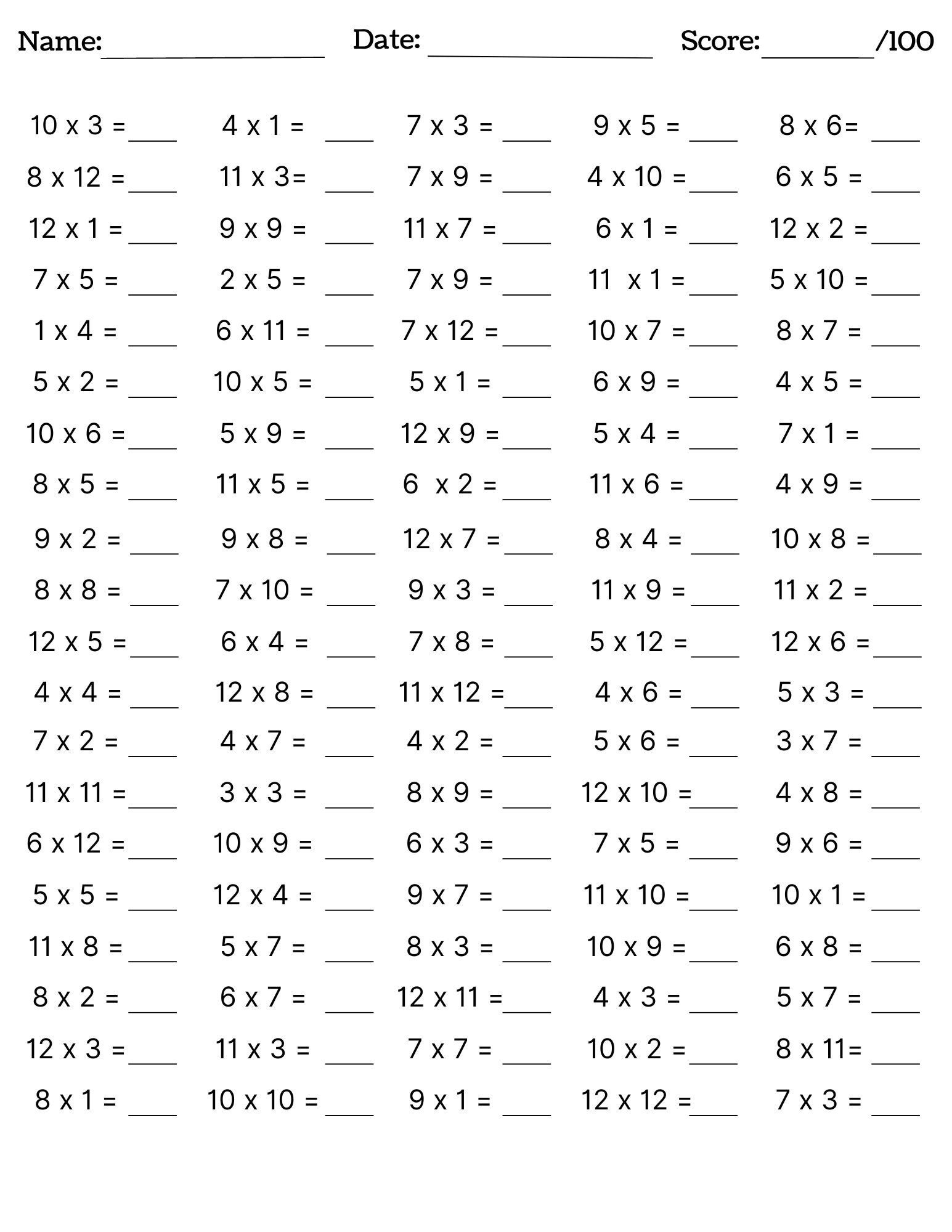 10 Printable Multiplication Worksheets Fill In The Blanks