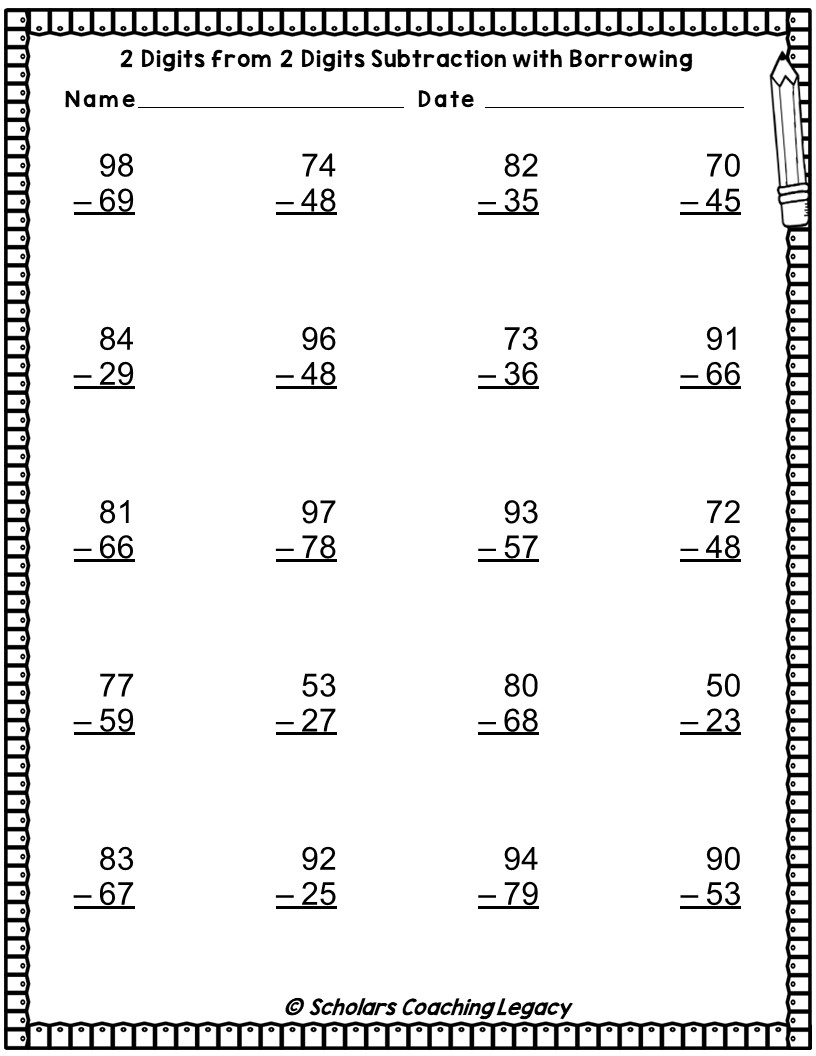 2 Digits From 2 Digits Subtraction With Borrowing Worksheet Math Problems Made By Teachers