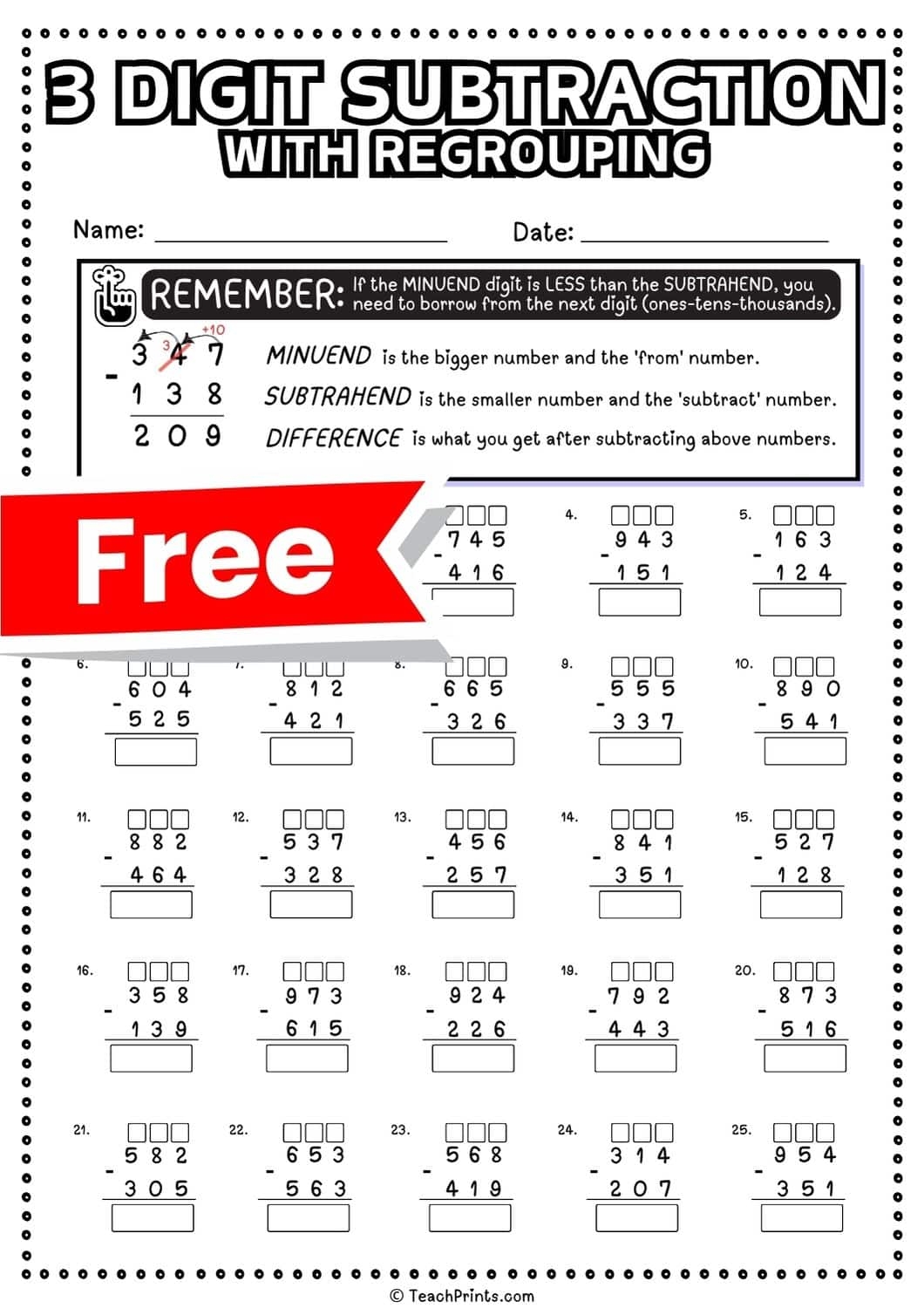 3 Digit Subtraction With Regrouping Worksheets Teach Prints