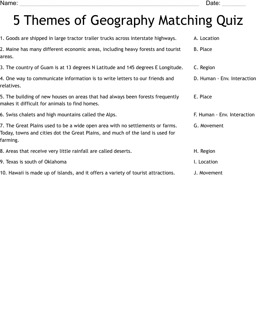 5 Themes Of Geography Matching Quiz Worksheet WordMint