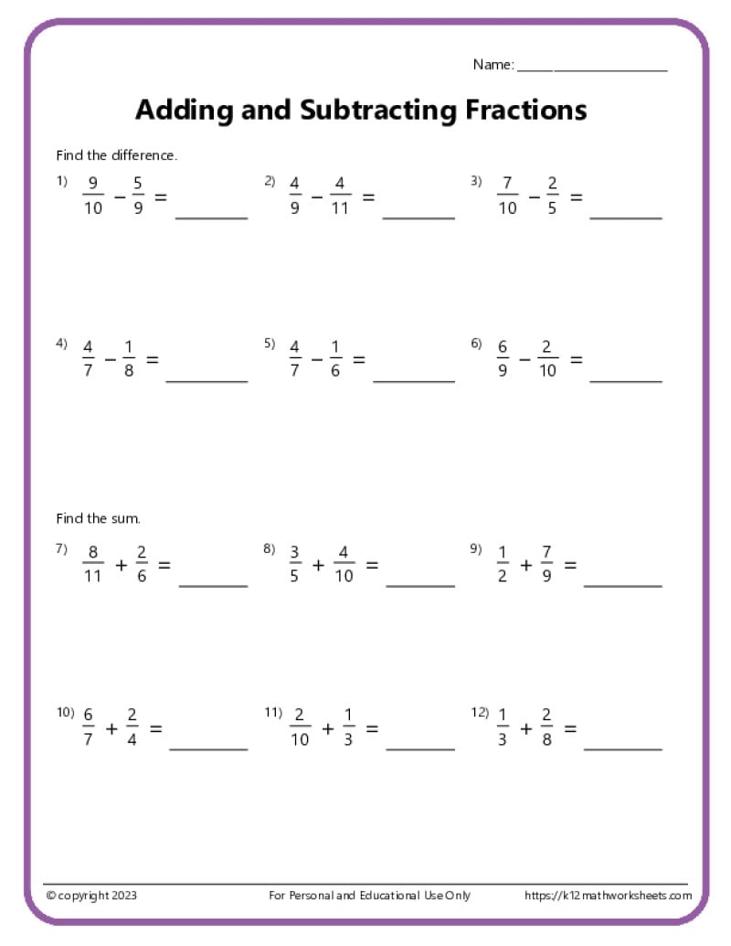 Adding And Subtracting Fractions Worksheets