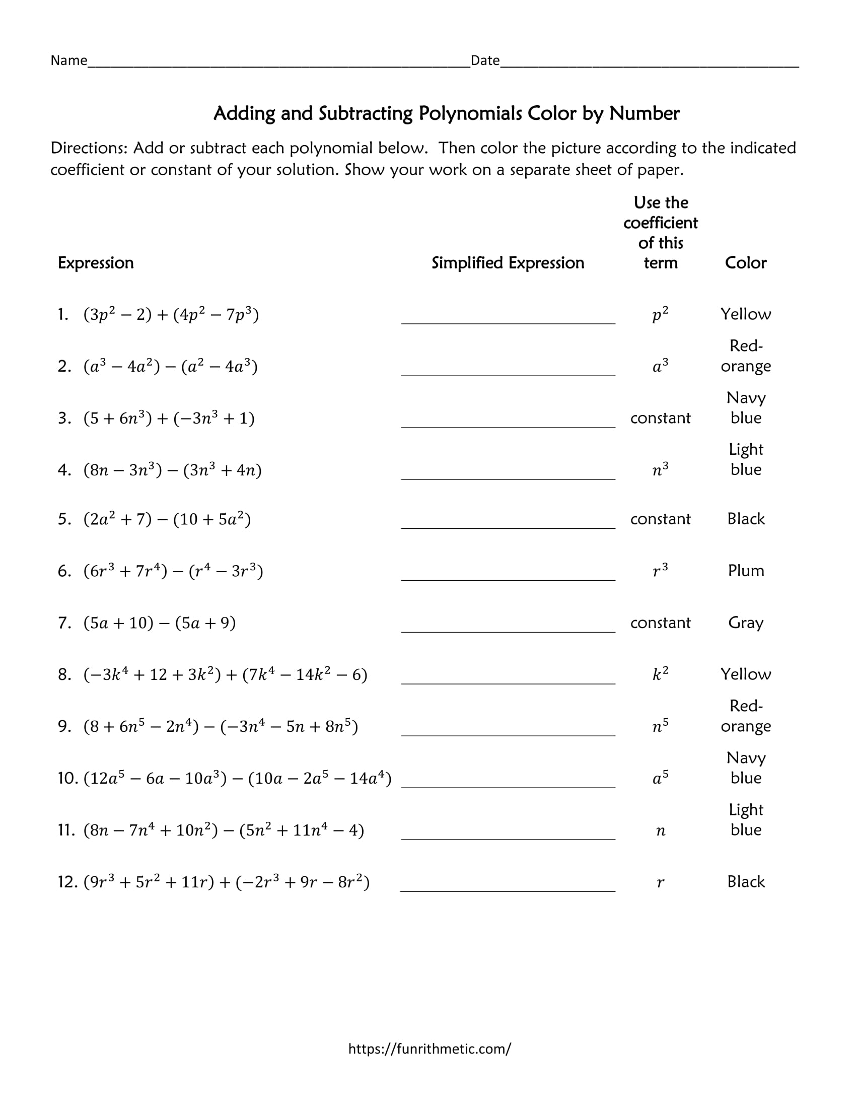 Adding And Subtracting Polynomials Color By Number