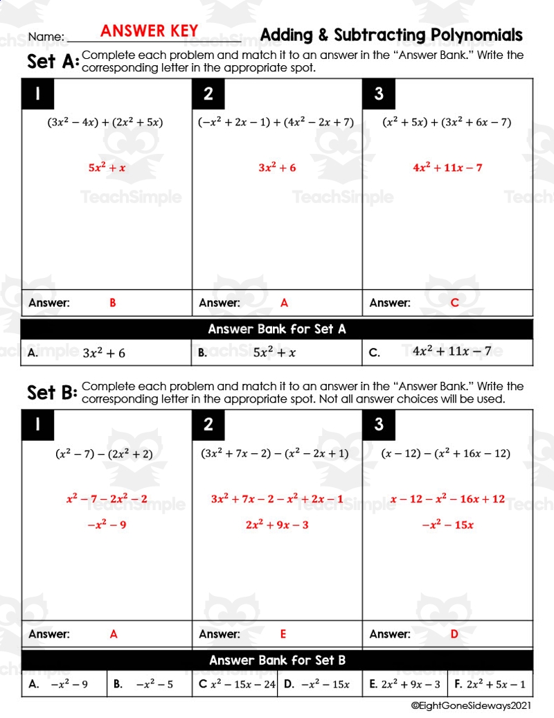 Adding And Subtracting Polynomials Leveled Checking Worksheet