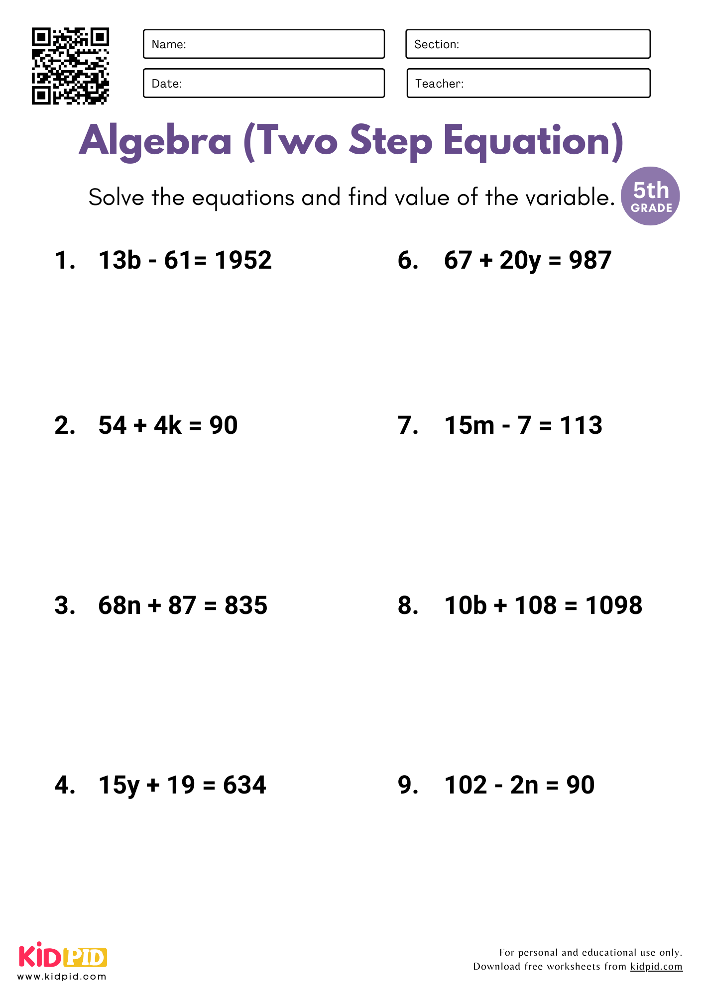 Algebra 2 Step Equations Worksheet For Grade 5 Kidpid