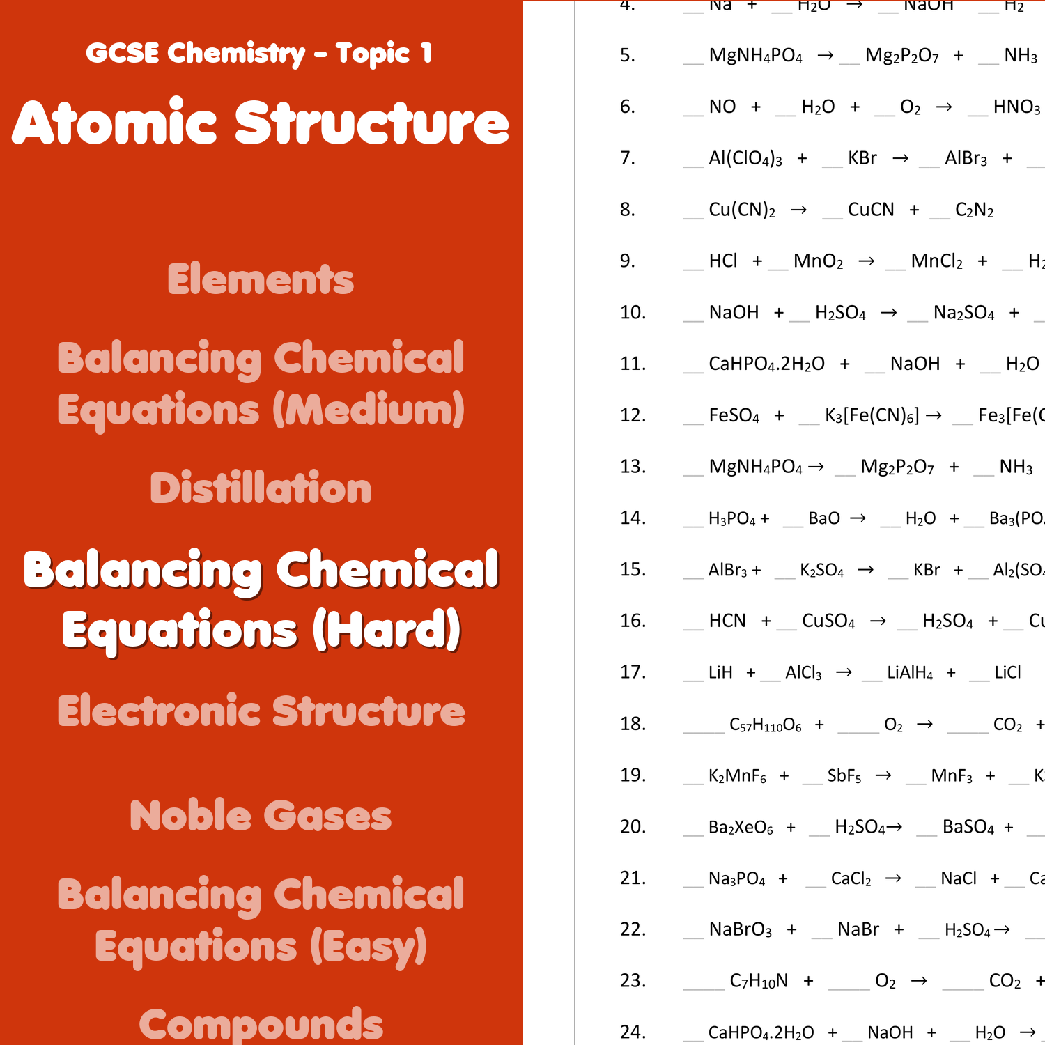 Balancing Chemical Equations Hard Worksheet GCSE Teaching Resources