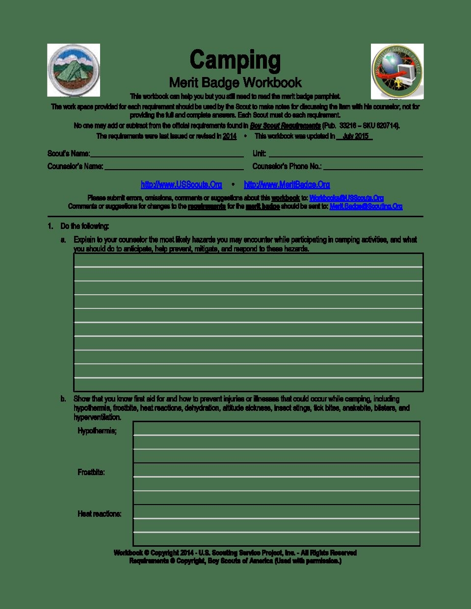 Camping Merit Badge Worksheet Fill And Sign Printable Template Worksheets Library