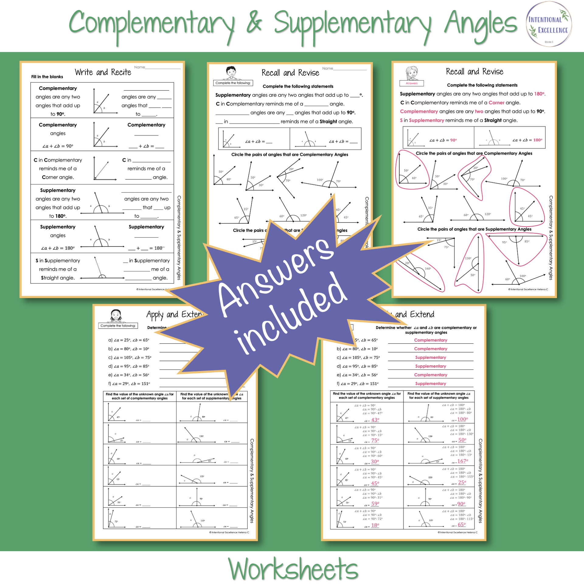 Complementary And Supplementary Angles Year 4 6 Math Review Warm Up And Worksheets BUNDLE Teacher Professional Development