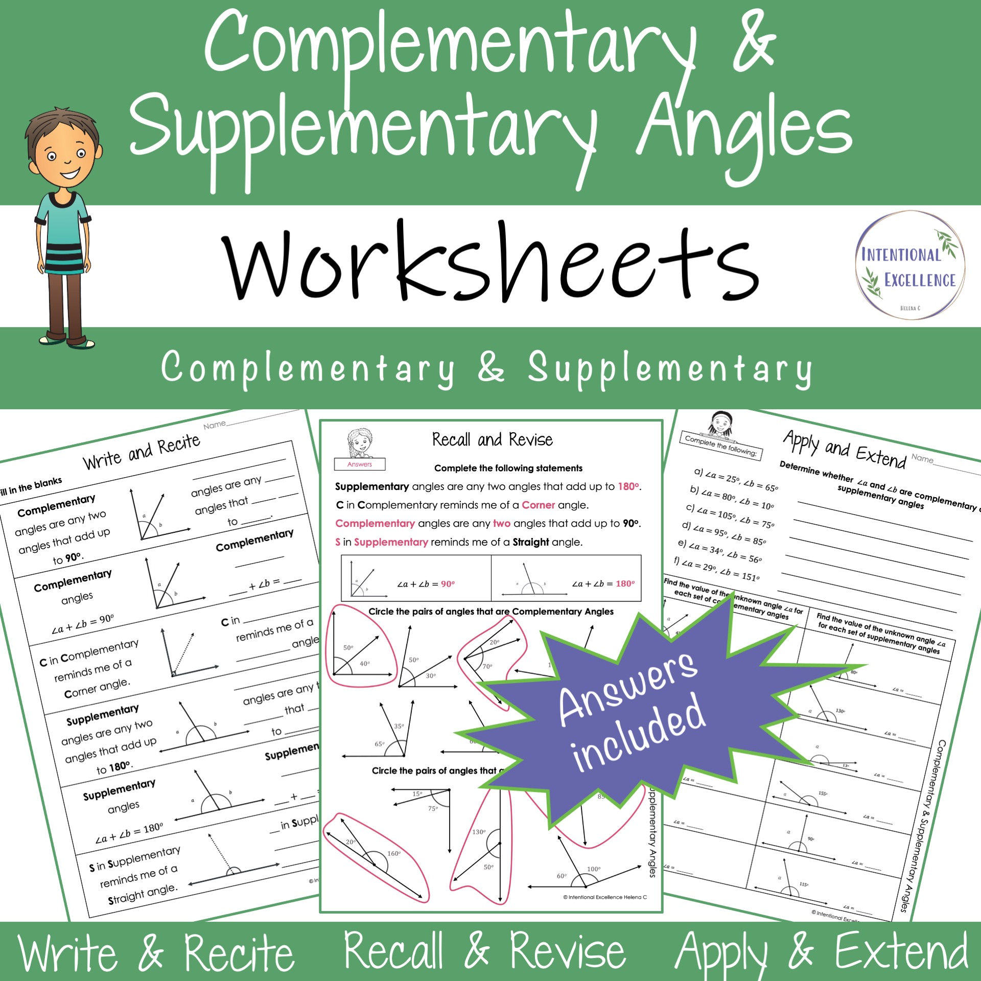 Complementary And Supplementary Angles Year 4 6 Math Review WORKSHEETS Teacher Professional Development