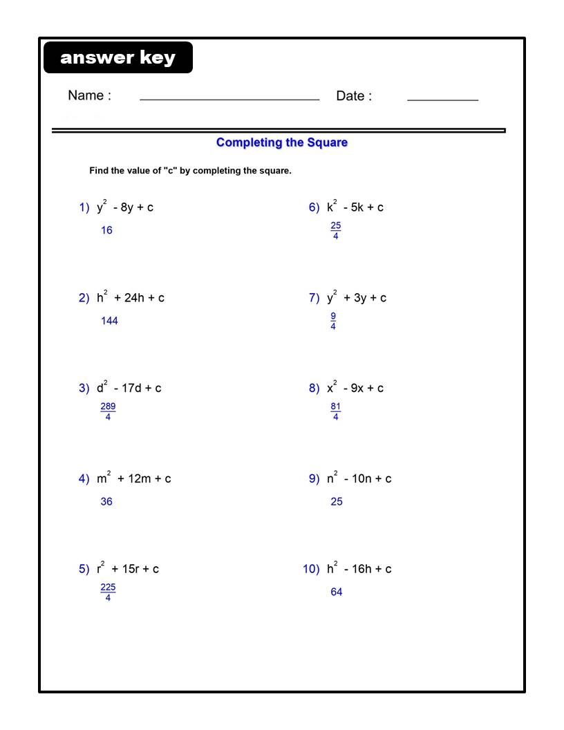Complete The Square Worksheets Algebra 1 Quadratic Functions Worksheets