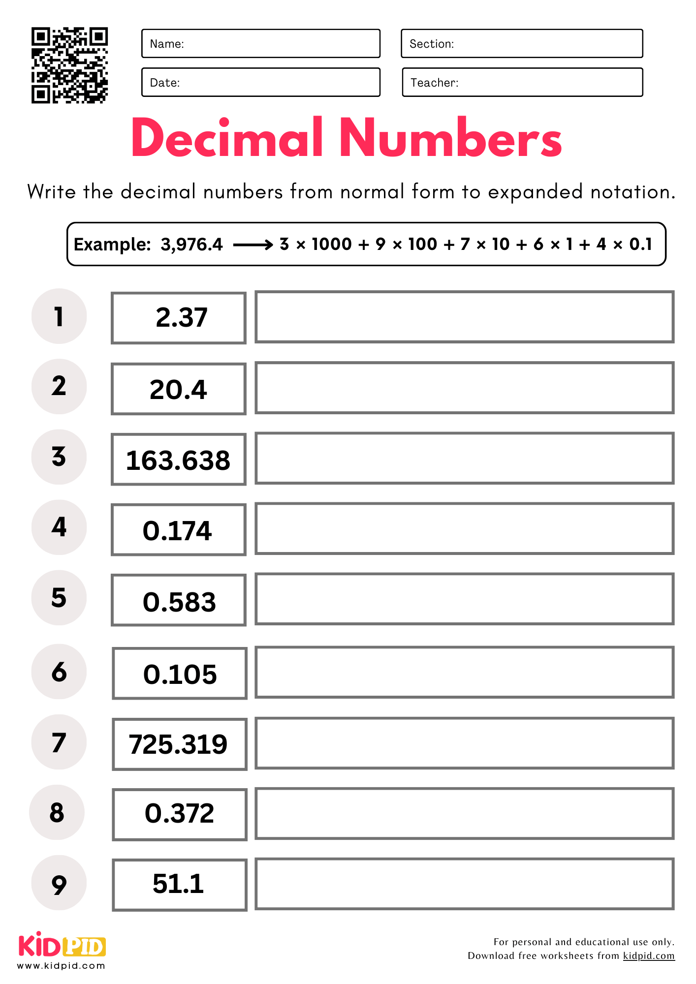 Convert Decimal Numbers Normal To Expanded Notion Place Value 