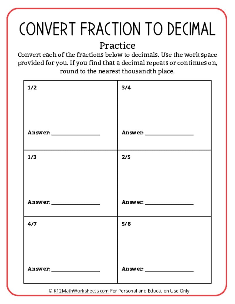 Converting Fractions To Decimals Worksheets Worksheets Library