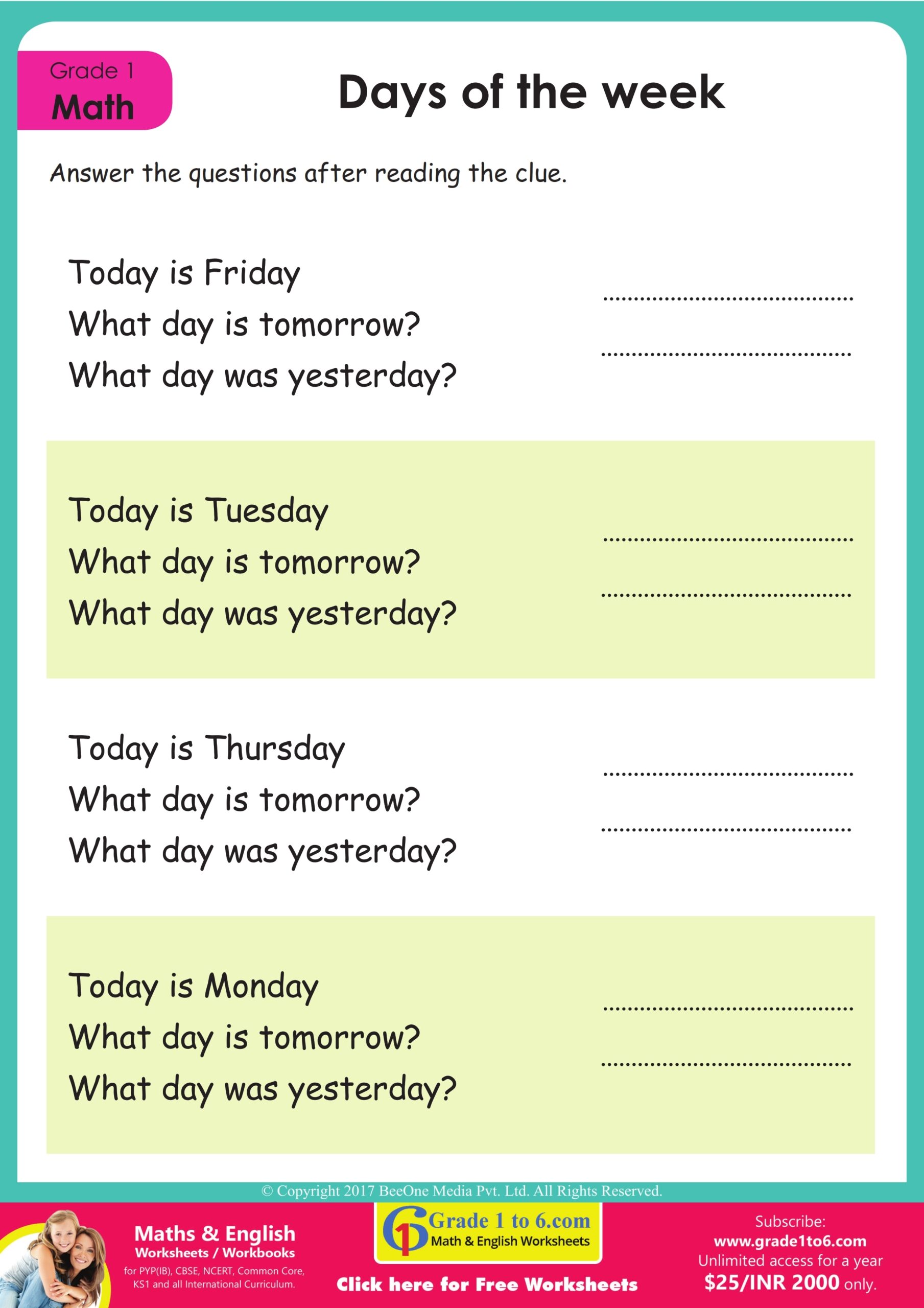 Days Of The Week Worksheet Grade1to6