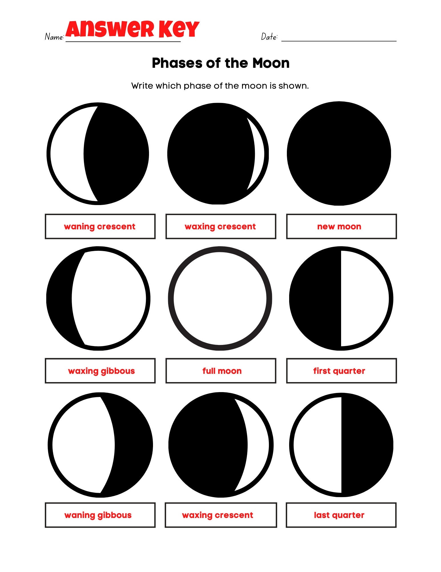 Easy Phases Of The Moon Worksheet Fun PDF Print Activity with Answer Key Etsy
