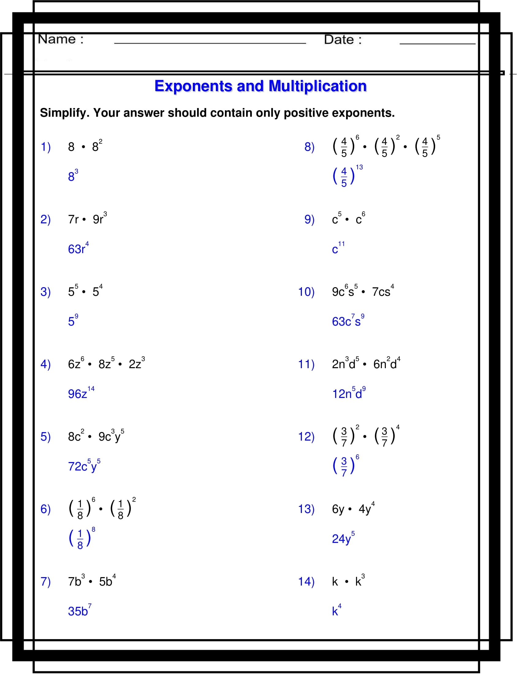 Exponents With Multiplication Algebra 1 Exponents Worksheets