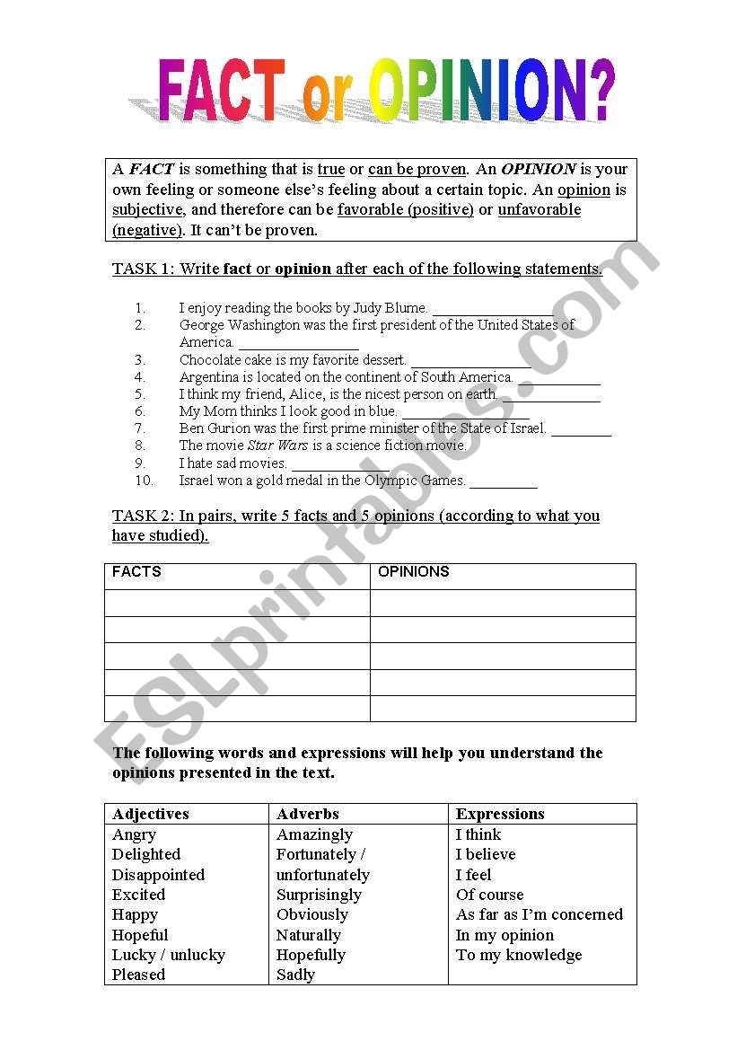 Fact Or Opinion ESL Worksheet By Pirchy