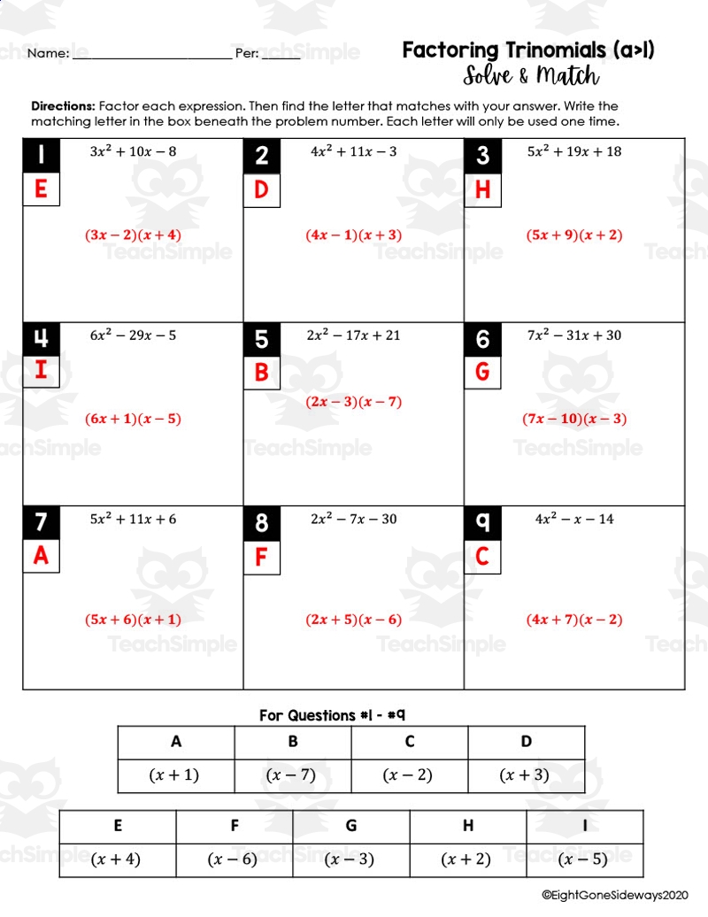 Factoring Trinomials a Is NOT 1 Solve Match Worksheet