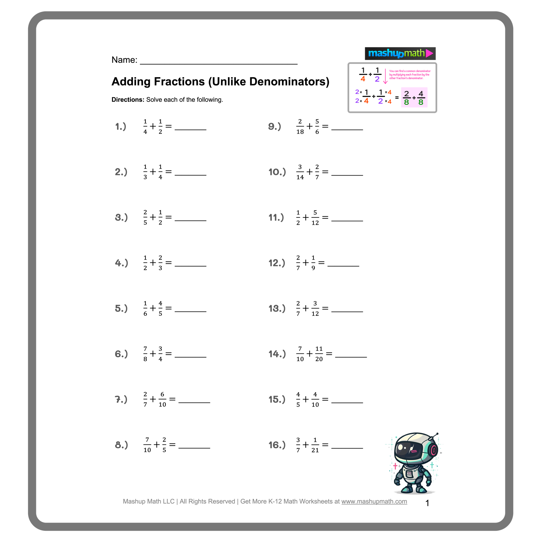 Free Adding And Subtracting Fractions Worksheets Mashup Math