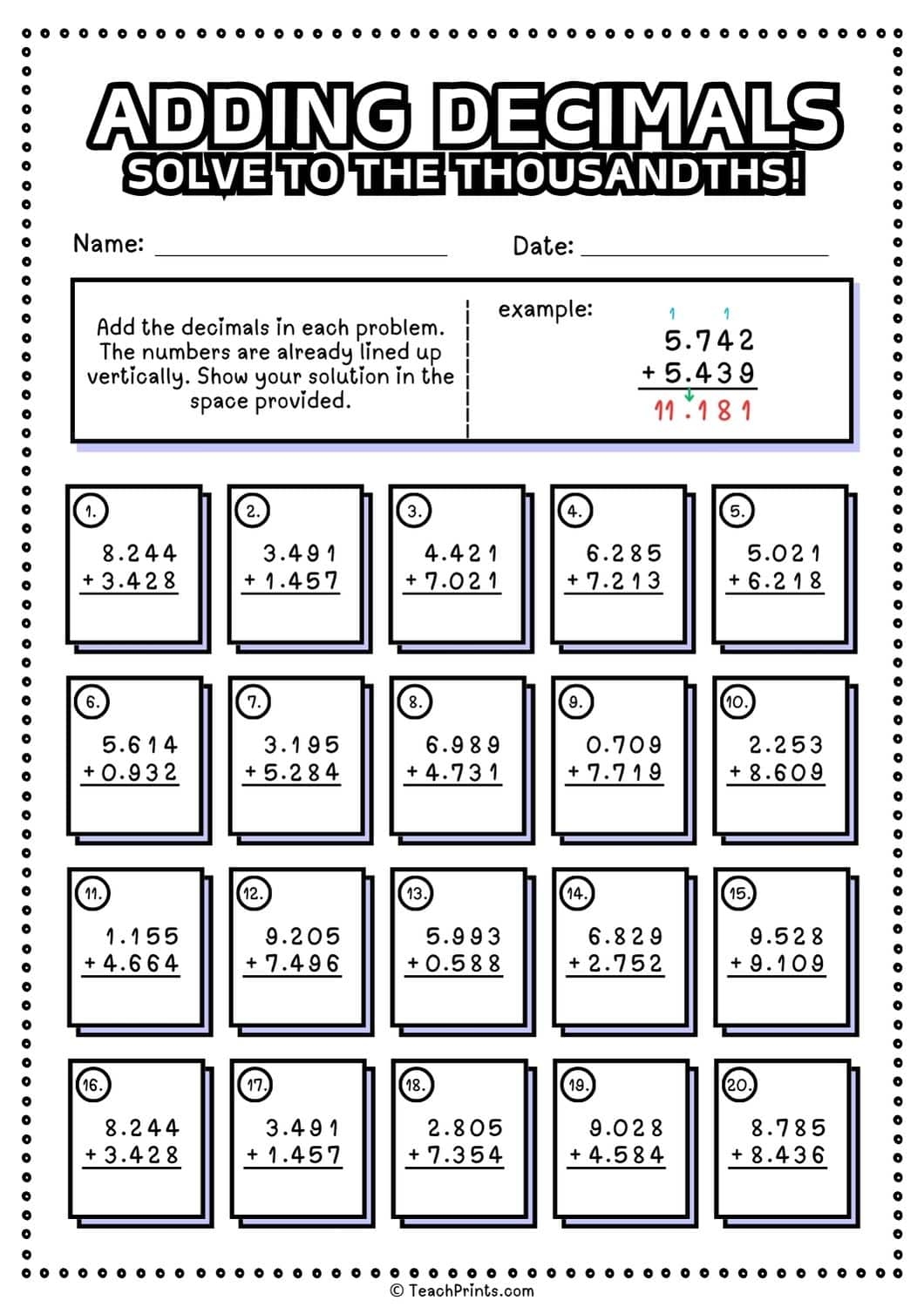 Free Adding Decimals Worksheets Teach Prints