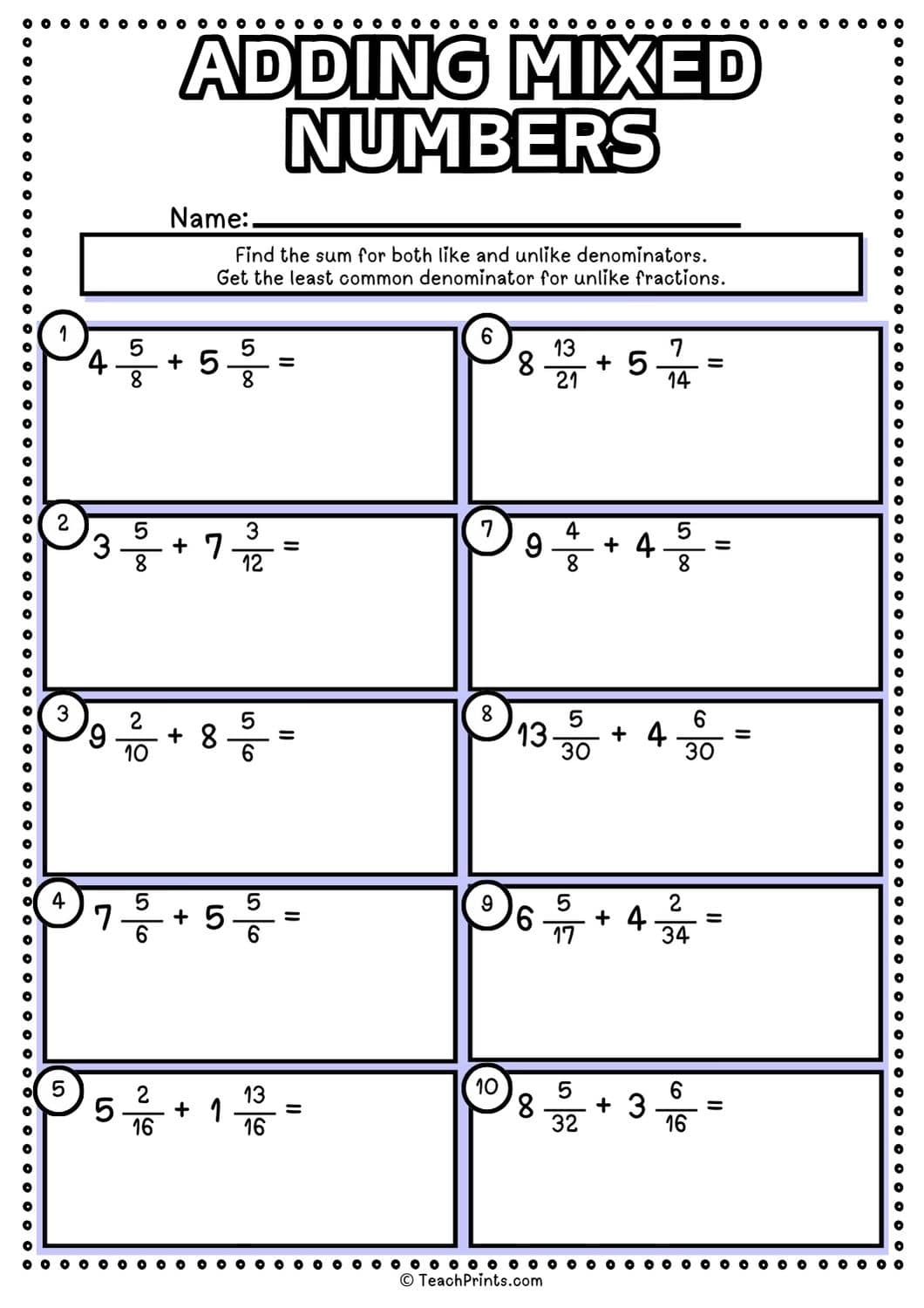 Free Adding Mixed Numbers Worksheets Teach Prints
