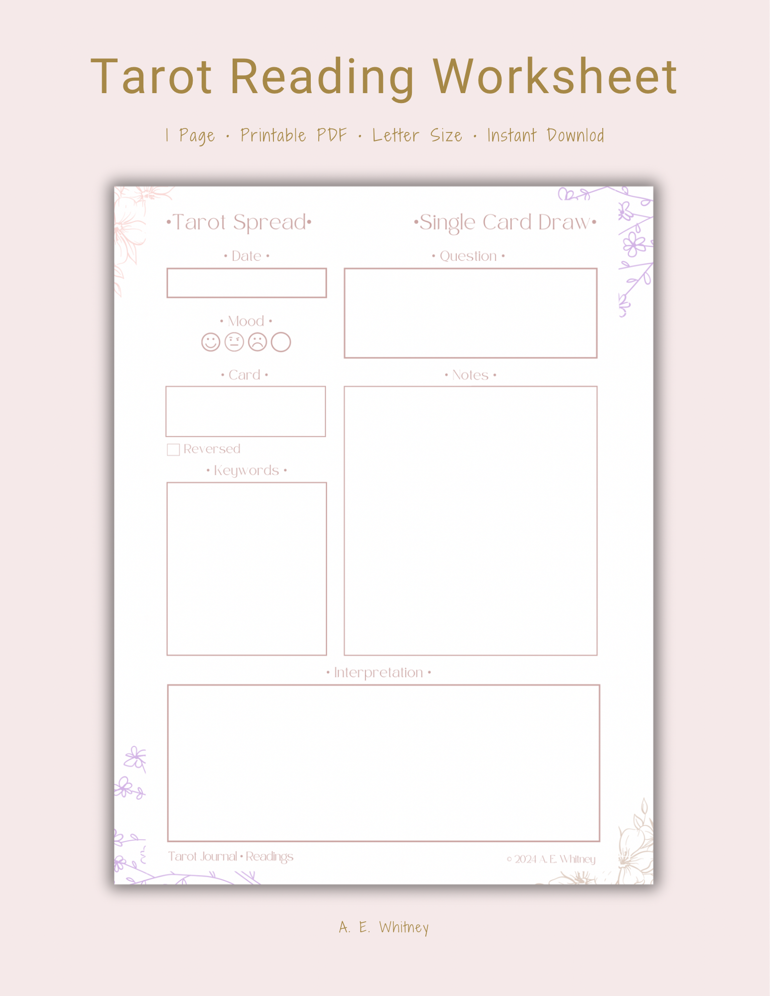 Freebie Tarot Reading Worksheet One Card Draw Payhip