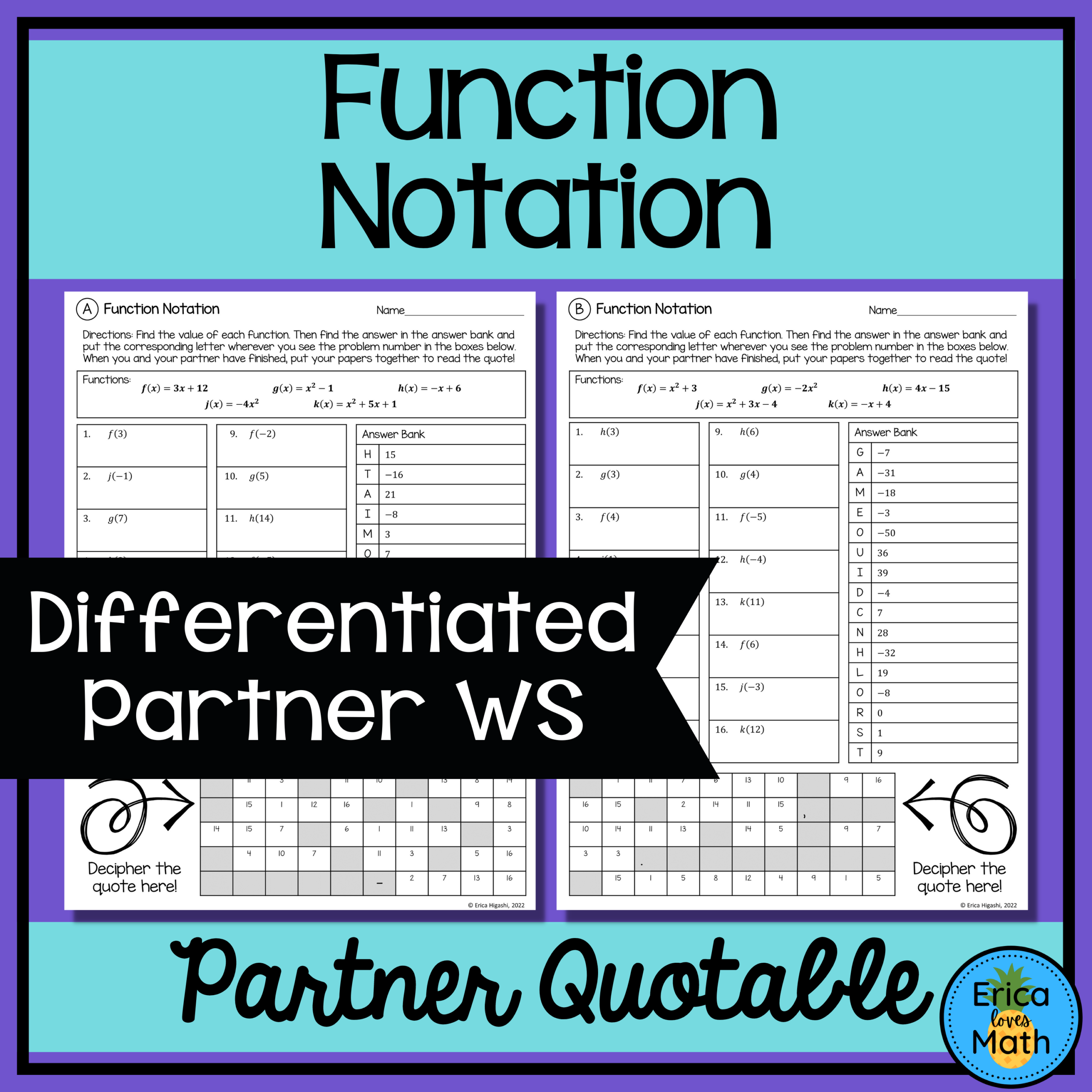 Function Notation Differentiated Partner Worksheets Quotable Classful