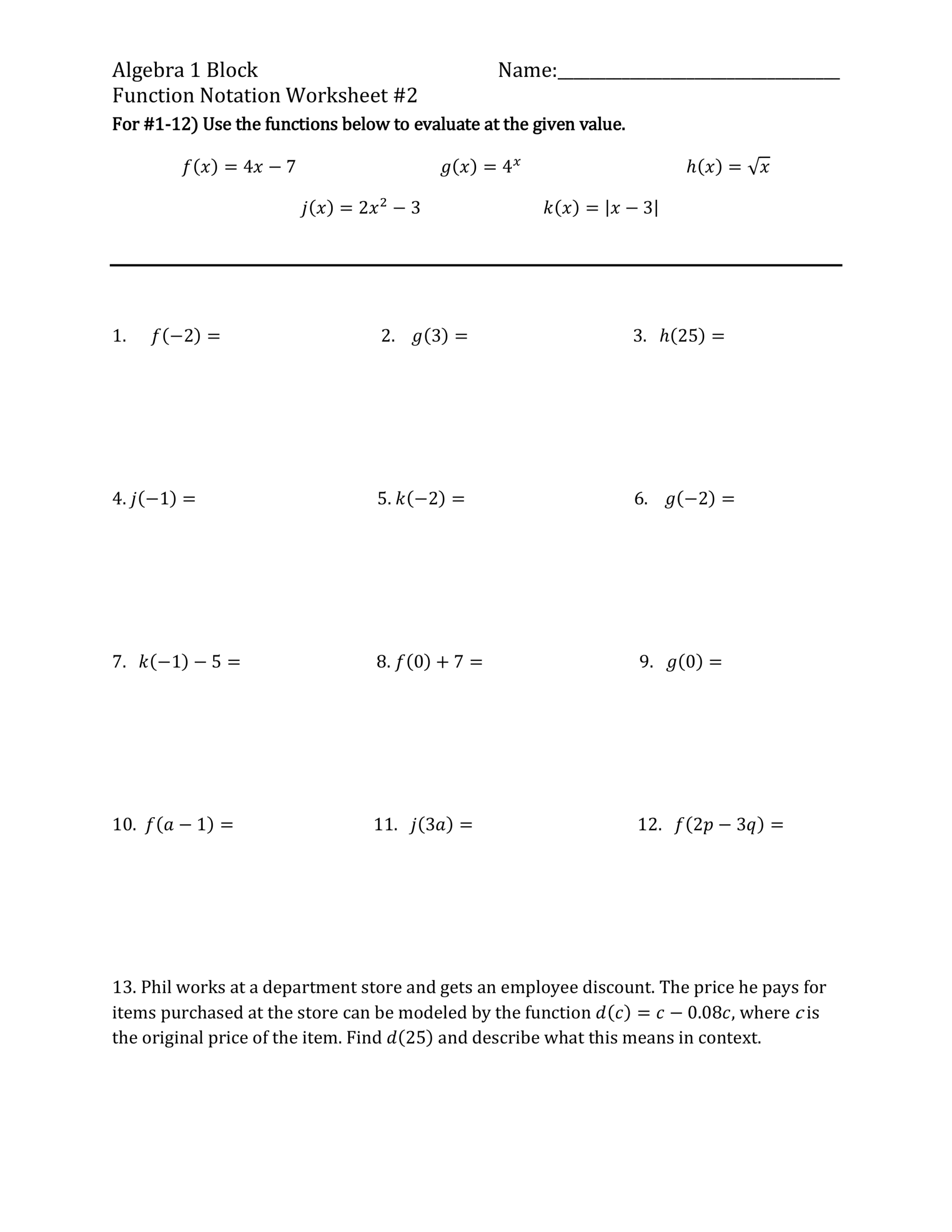 Function Notation Practice Worksheet 2 Math Teachers Library Formative