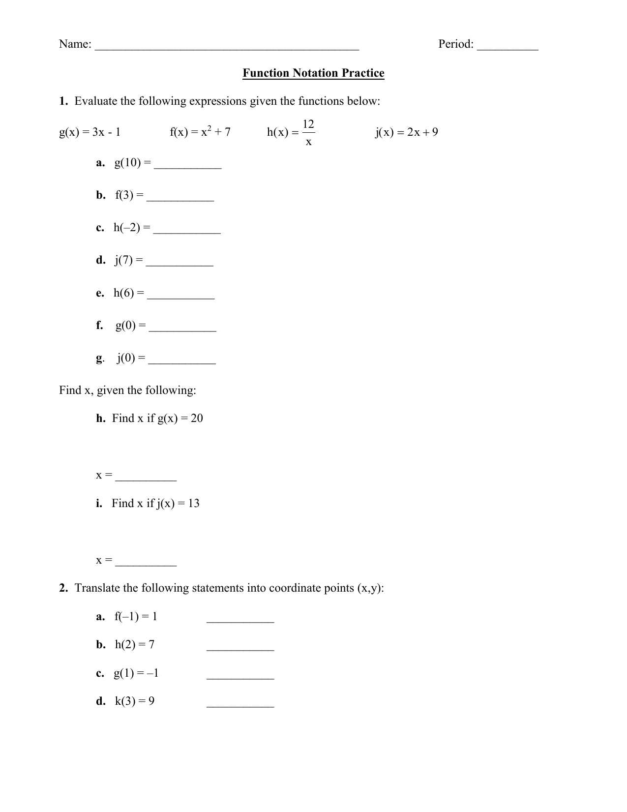 Function Notation Practice Worksheet