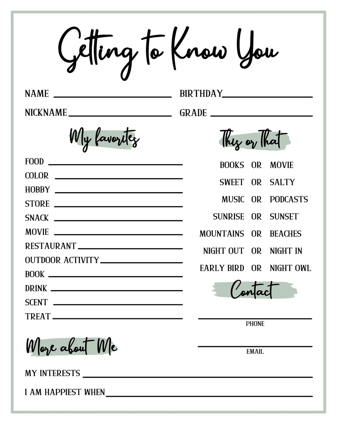 Get To Know You Getting To Know You Page Get To Know You Printable All About Me Etsy