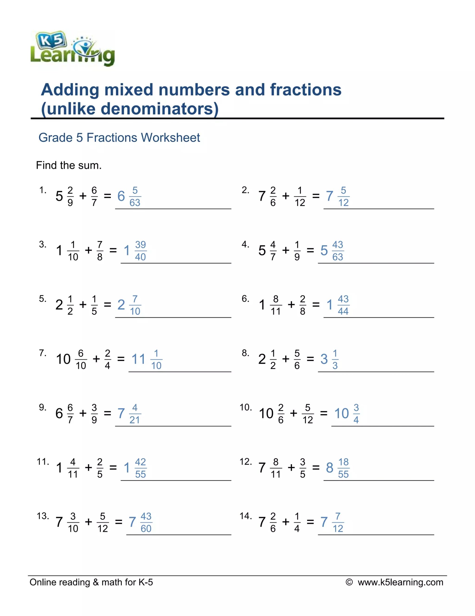 Grade 5 Adding Fractions Mixed Numbers PDF