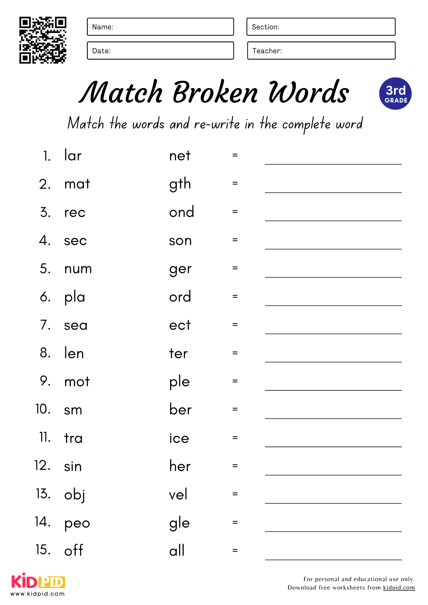 Match U0026 Complete The Words Worksheet For Grade 3 Kidpid