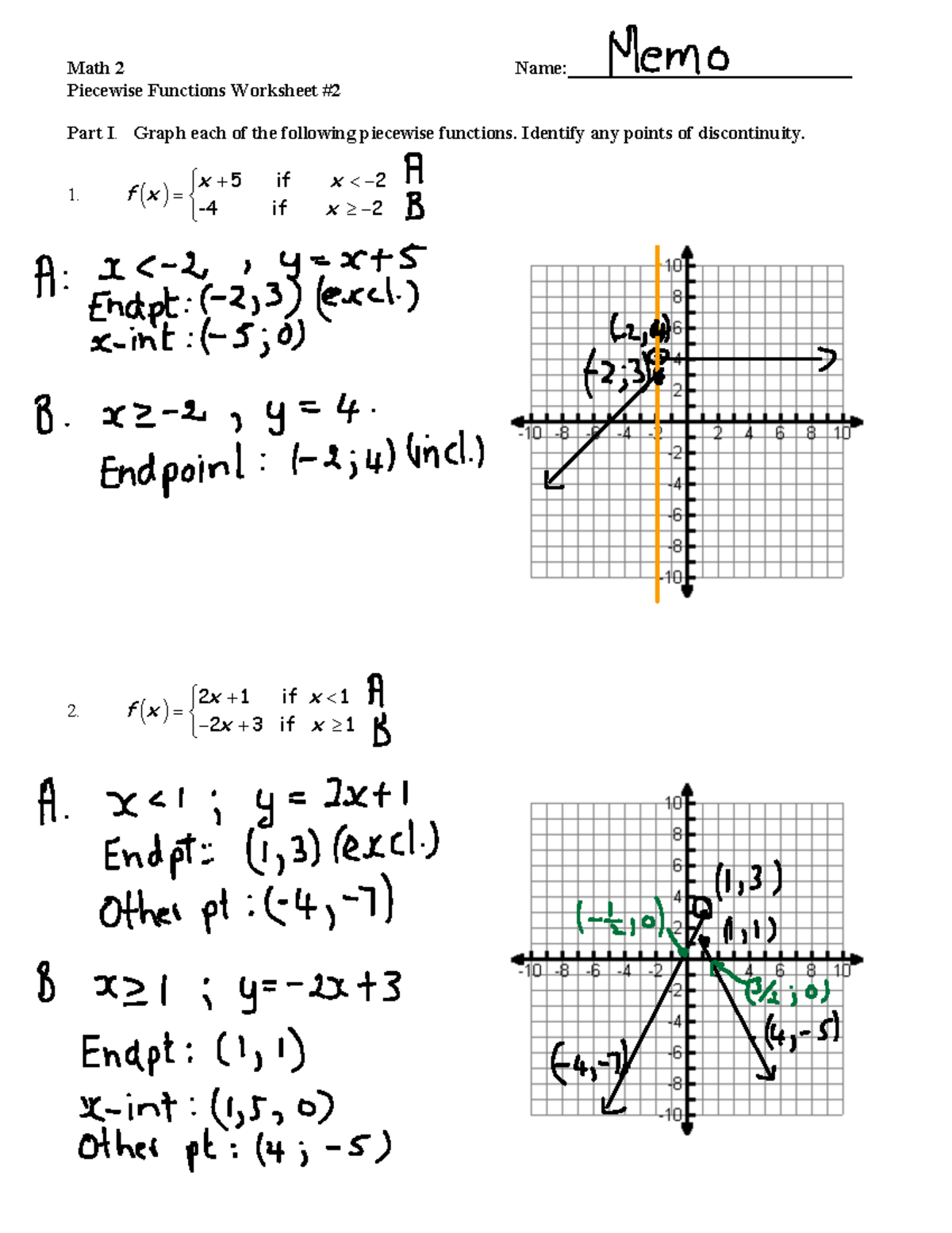 Math 2 Unit 8 Worksheet 2 Graphing Piecewise Functions Studocu