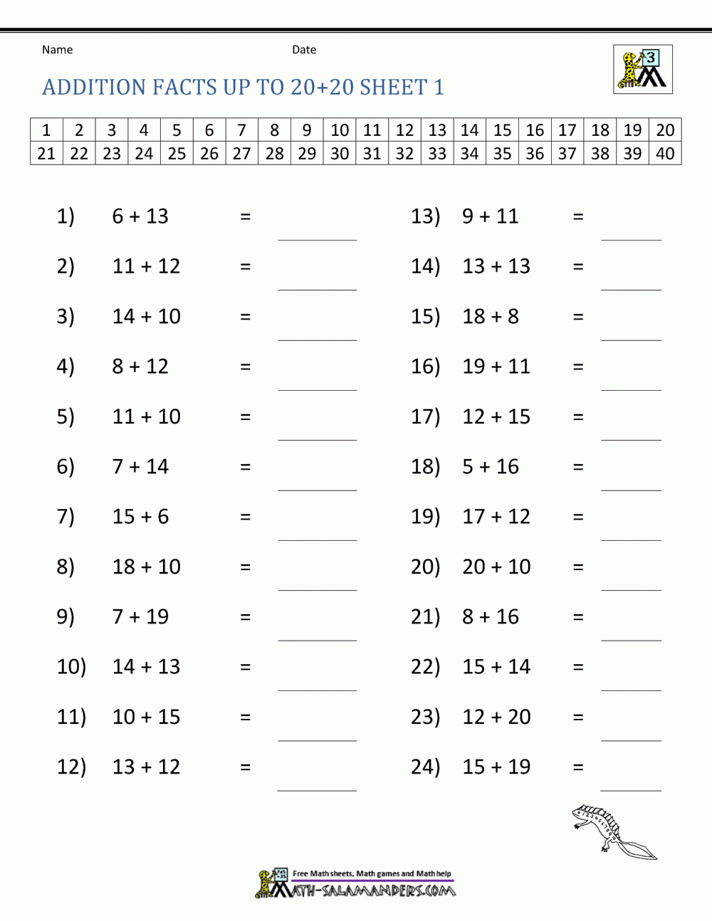 Math Addition Facts To 20