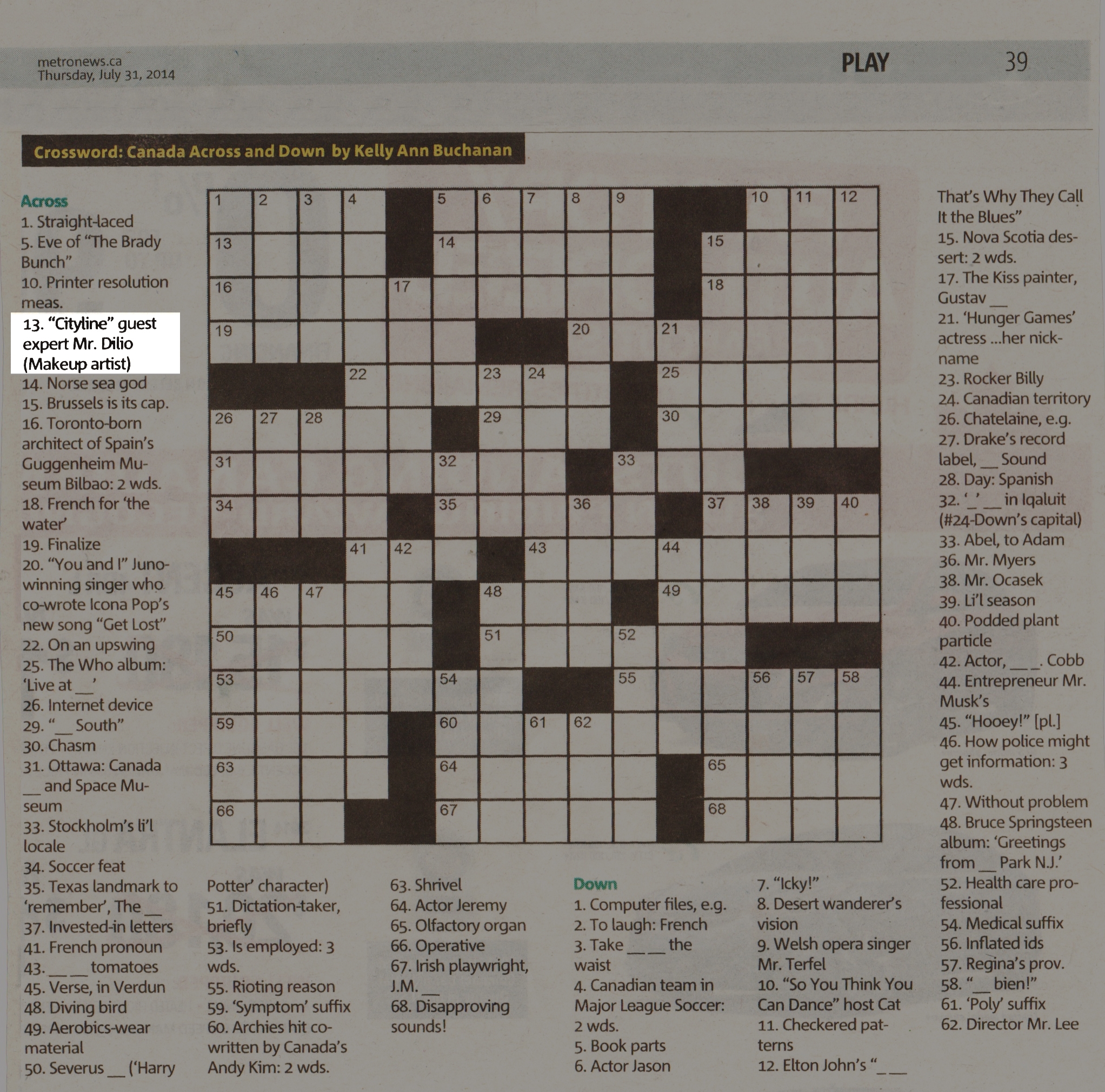 Metro News Crossword 13 Across Dino Dilio Dino Dilio Beauty
