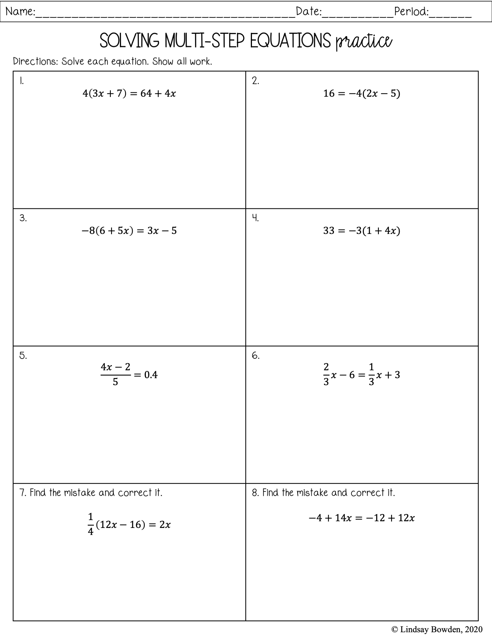 Multi Step Equation Notes And Worksheets Lindsay Bowden 