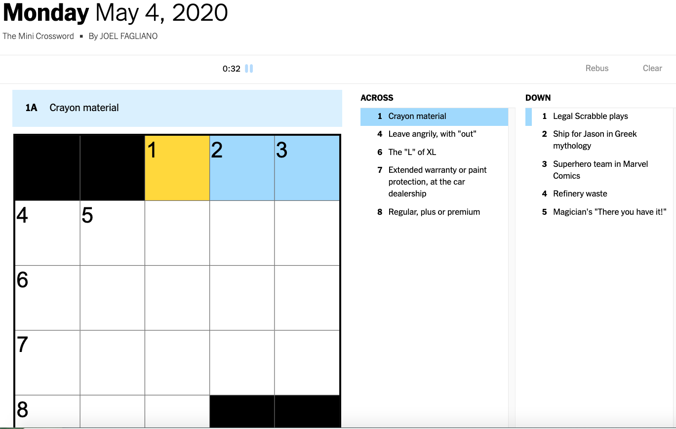 New York Times Mini Crossword Puzzle May 4 2020 A Journal Of 
